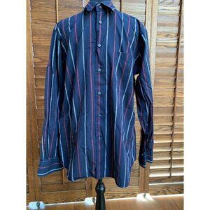 Corneliani Men Italian Made Cotton Shirt Medium Blue Red & White Stripes Casual